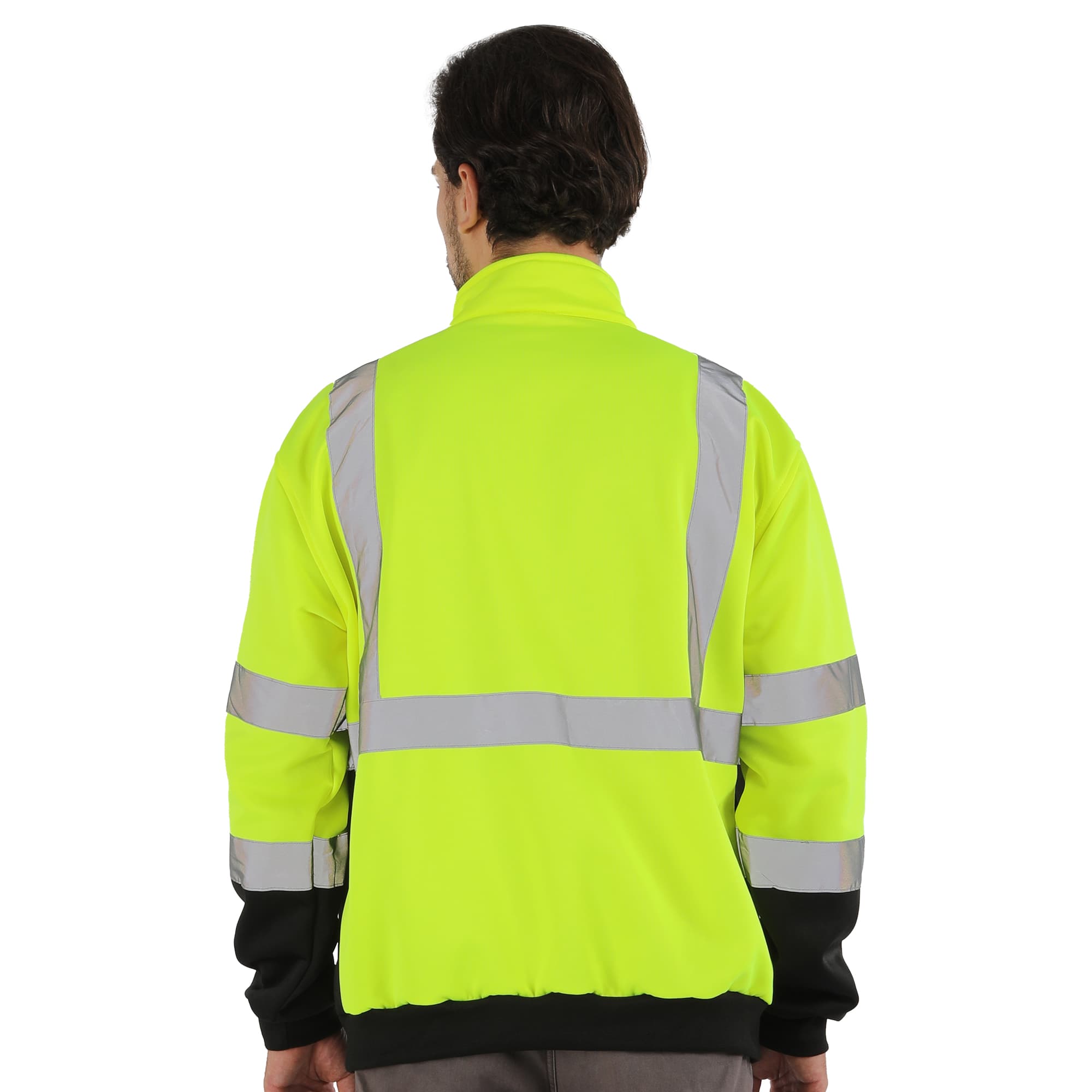 Back view of the HivisPro ST82061 ANSI Class 3 high visibility lime and black hoodie.