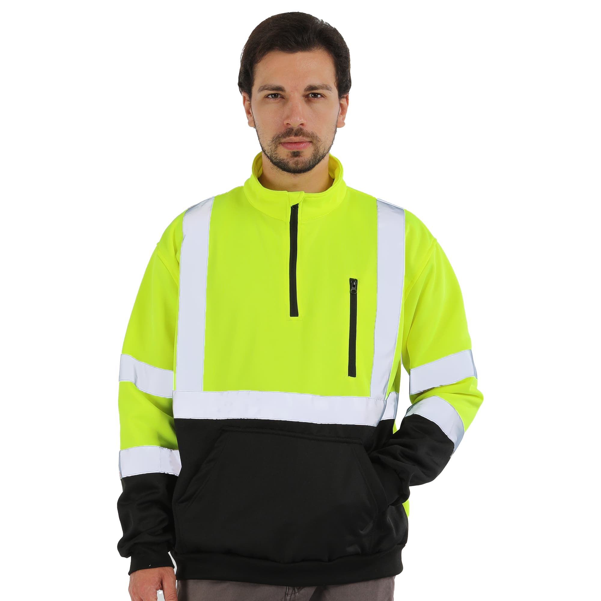Front view of the HivisPro ST82061 ANSI Class 3 high visibility lime and black hoodie.