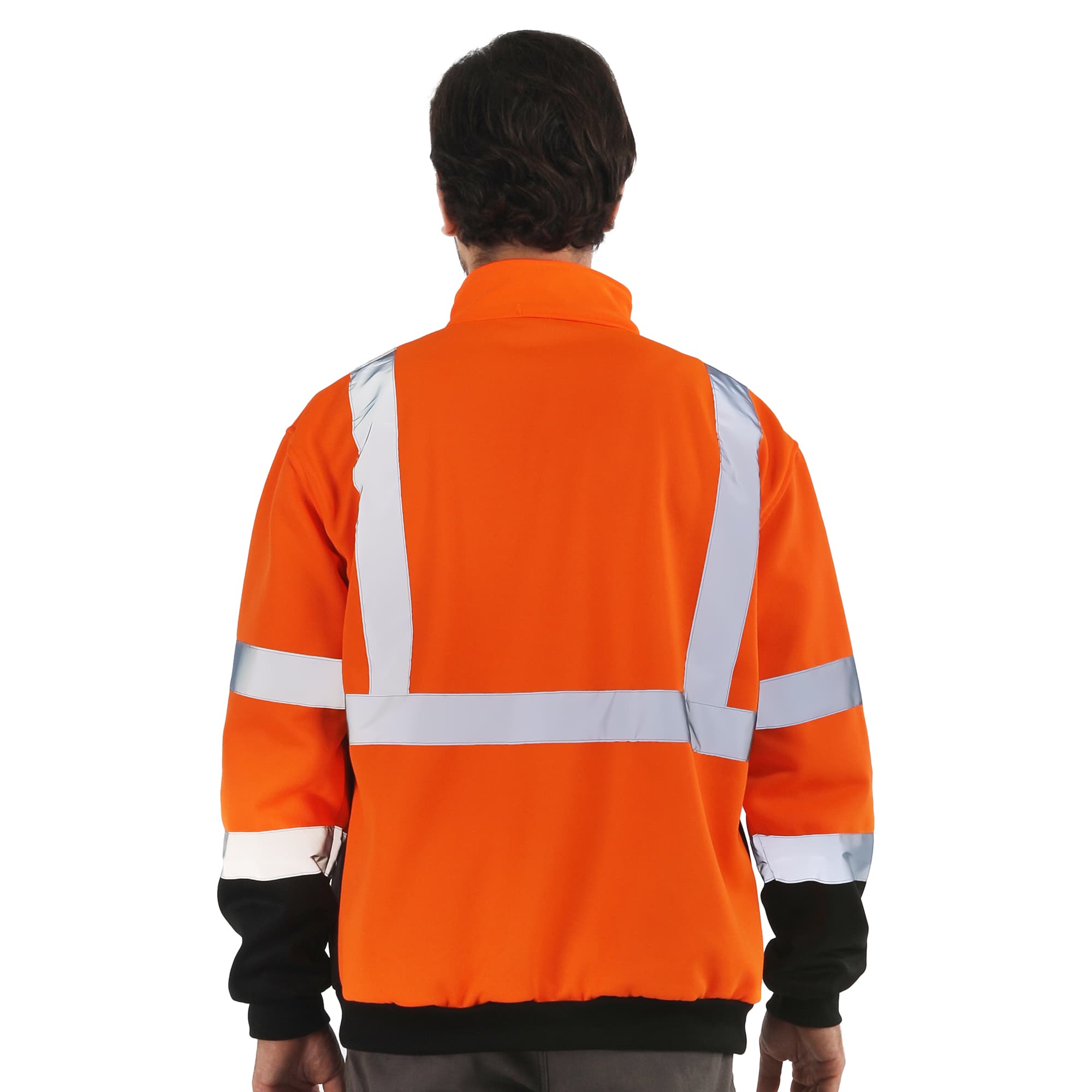 Back view of the HivisPro ST82062 ANSI Class 3 high visibility orange and black hoodie.