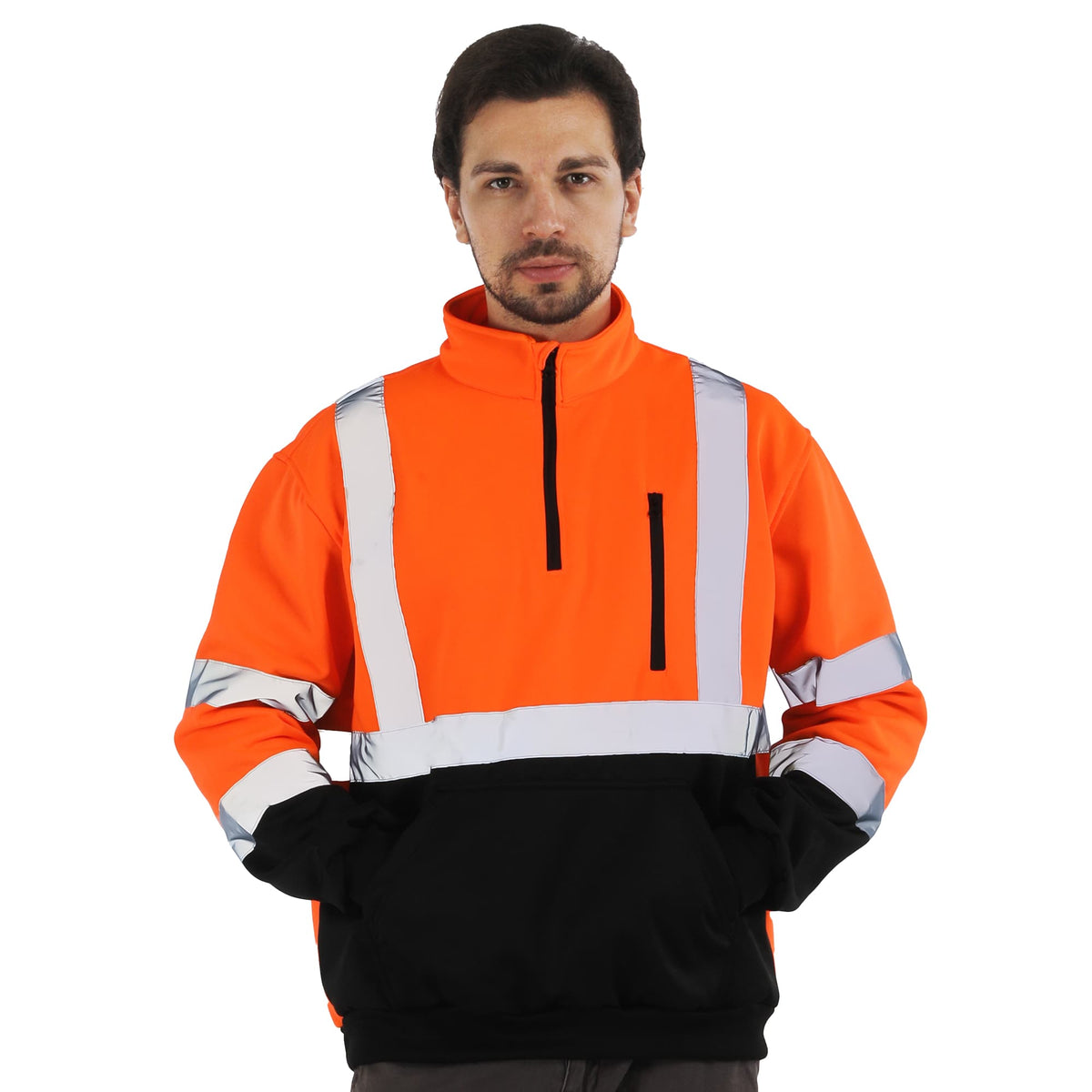 Front view of the HivisPro ST82062 ANSI Class 3 high visibility orange and black hoodie.