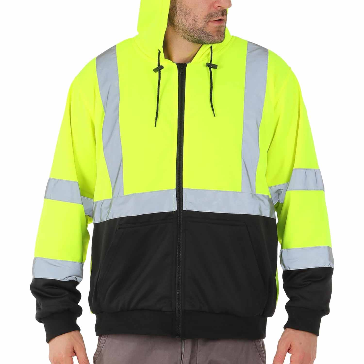 Front view of the HivisPro ST82071 ANSI Class 3 high visibility lime reflective jacket.