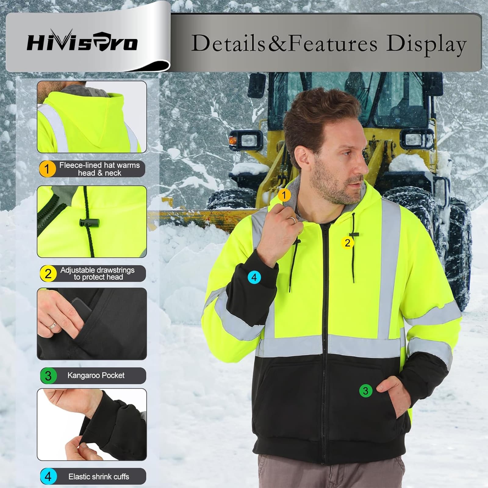 Detailed features and specifications of the HivisPro ST82071 ANSI Class 3 high visibility safety hoodie.