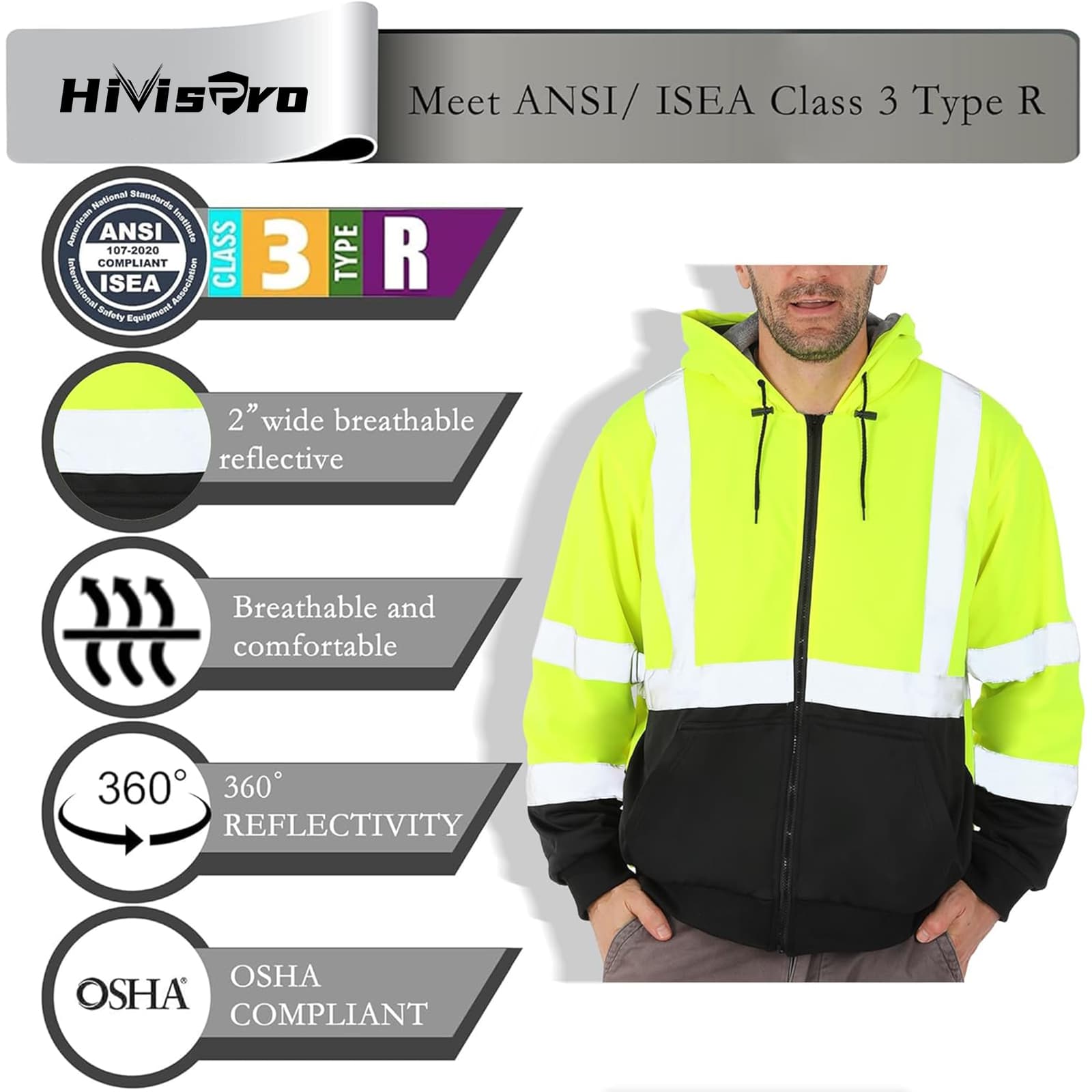 Features display of the HivisPro ST82071 ANSI Class 3 high visibility reflective hoodie.