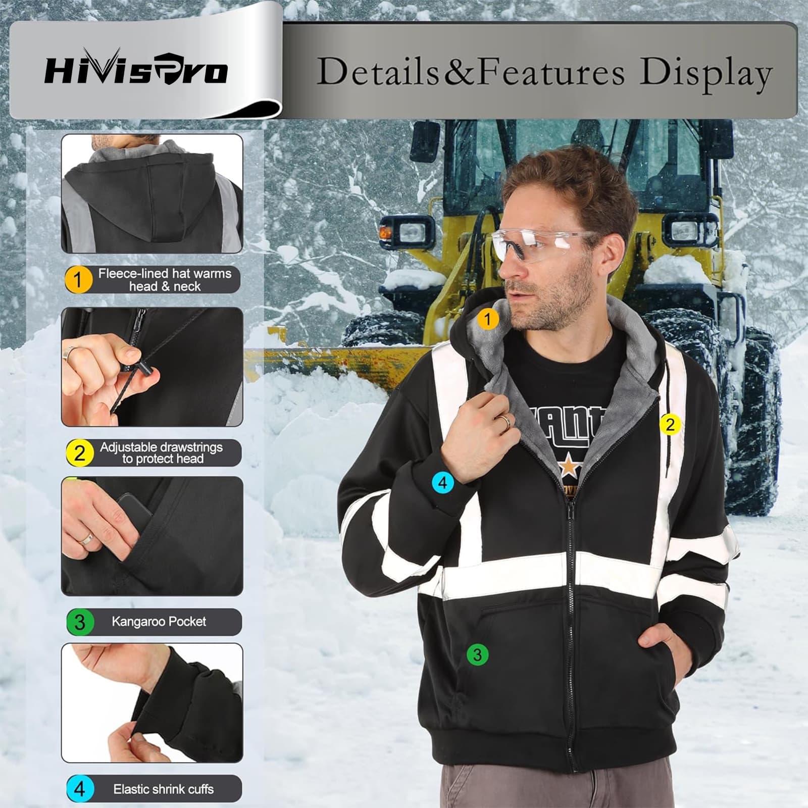 Features display of the HivisPro ST82073 ANSI Class 3 high visibility reflective hoodie.