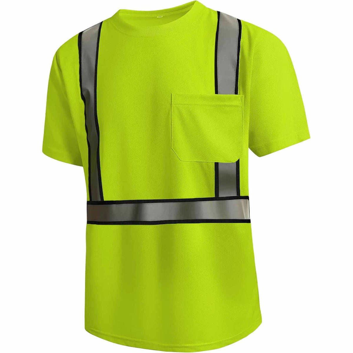Front view of the HivisPro T21021 high visibility lime short sleeve safety T-shirt.