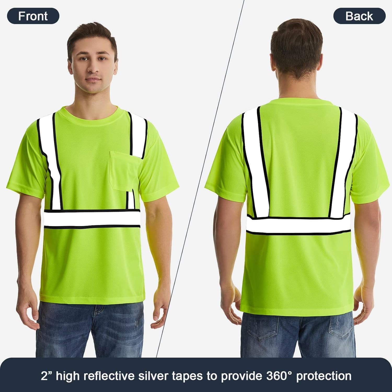HivisPro T21021 high visibility safety T-shirt showing front and back views with 360-degree reflective coverage.