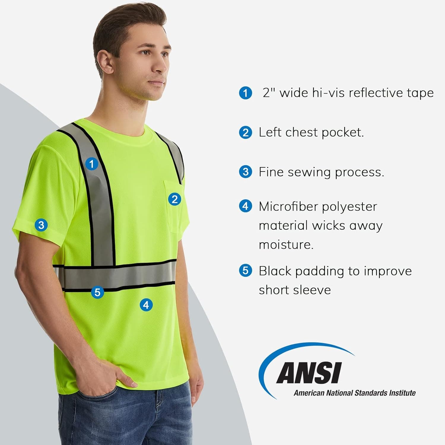 Details of the HivisPro T21021 high visibility T-shirt, showing chest pocket, reflective tape, and moisture-wicking fabric.