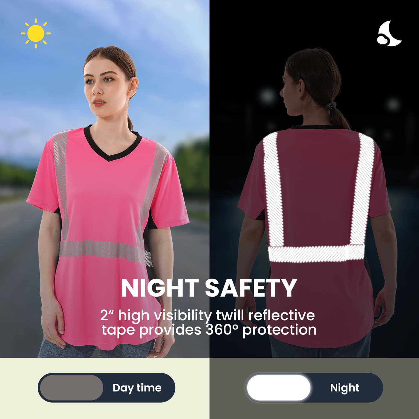 Front view of the HivisPro T22056 high visibility pink short sleeve safety T-shirt.