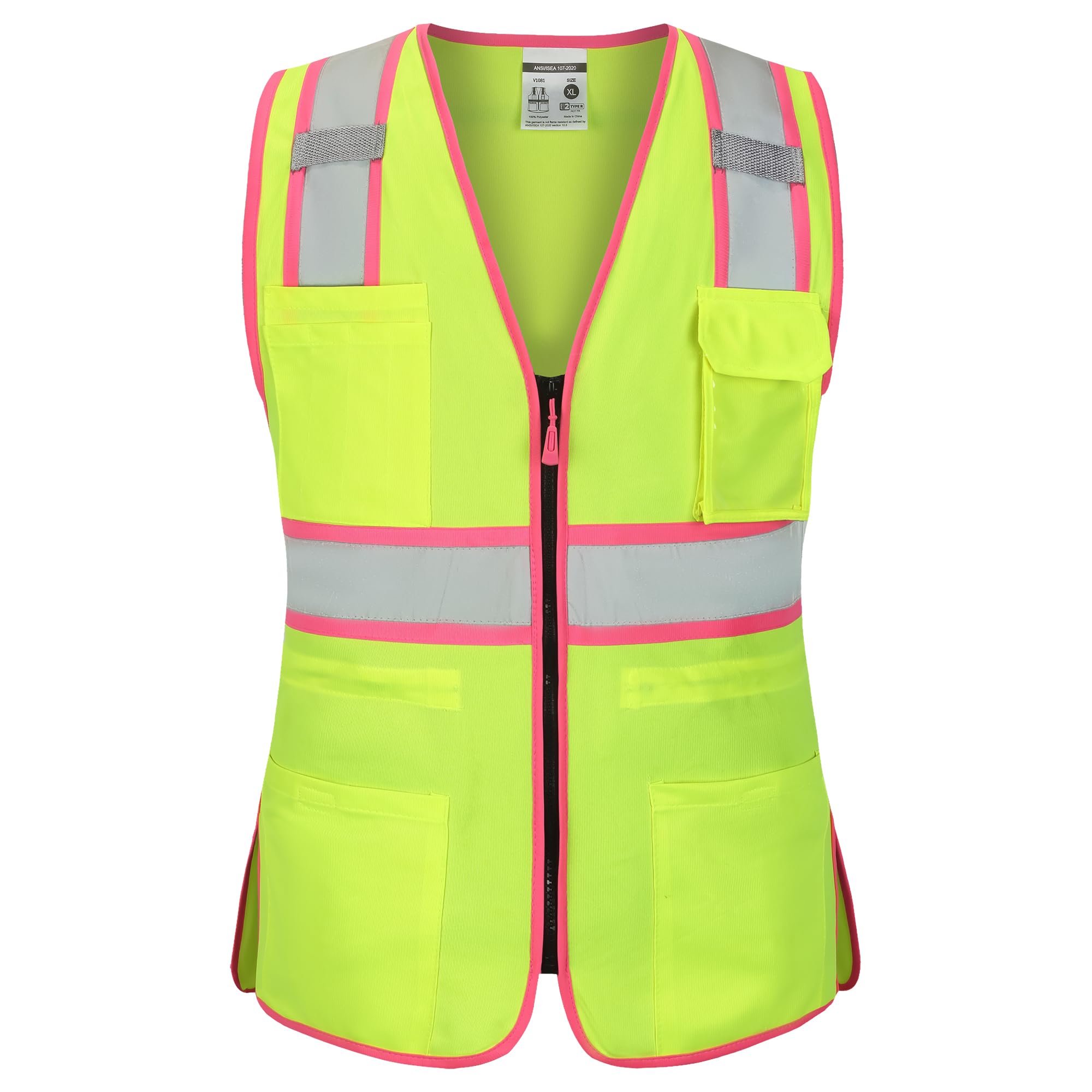 Front view of the HivisPro V1081 women's high visibility safety vest in lime with reflective tape and multi-functional pockets. Certified Class 2, ANSI/ISEA 107-2015