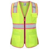 Front view of the HivisPro V1081 women's high visibility safety vest in lime with reflective tape and multi-functional pockets. Certified Class 2, ANSI/ISEA 107-2015