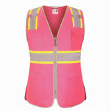 Front view of the HivisPro V1086 women's high visibility safety vest in pink with reflective tape and multi-functional pockets. Certified Class 2, ANSI/ISEA 107-2015